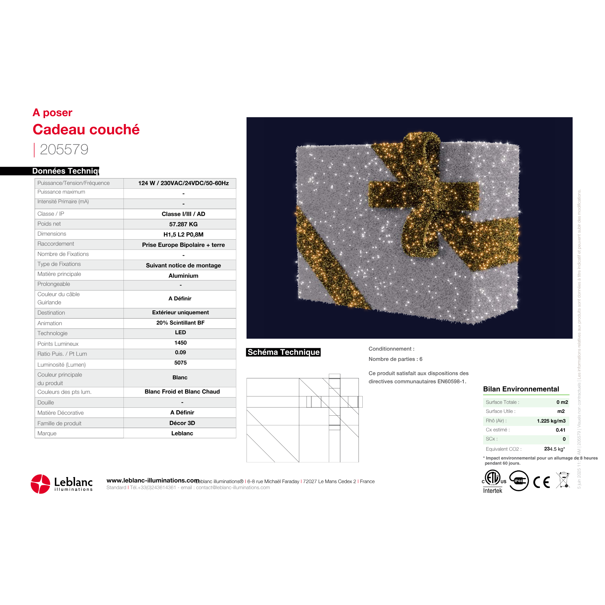 Décor de noël 3D Cadeau couché H1,5 x L2 x P0,8m